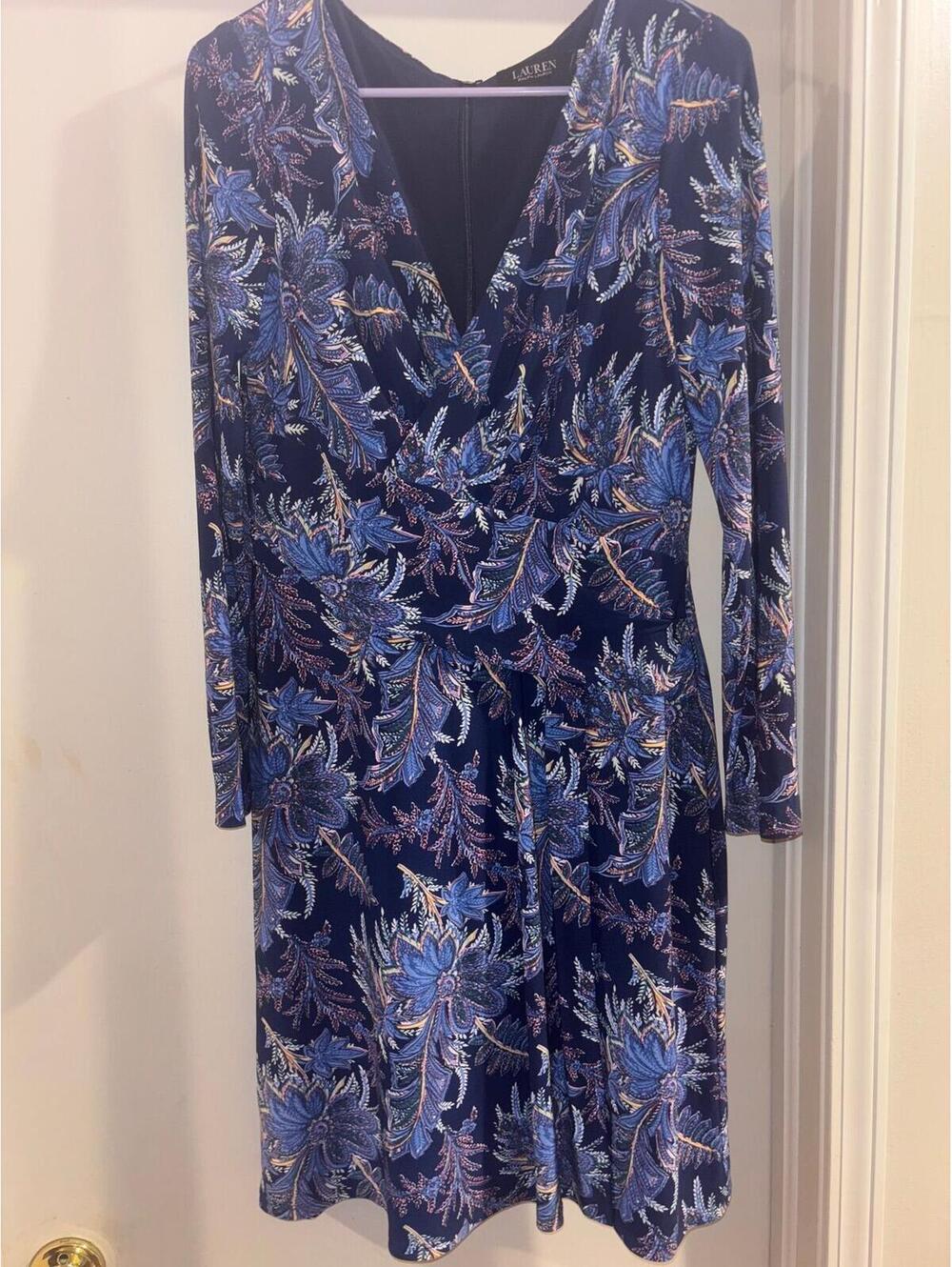 Lauren Ralph Lauren Floral Faux Wrap Dress Navy Blue Size 8 NWT